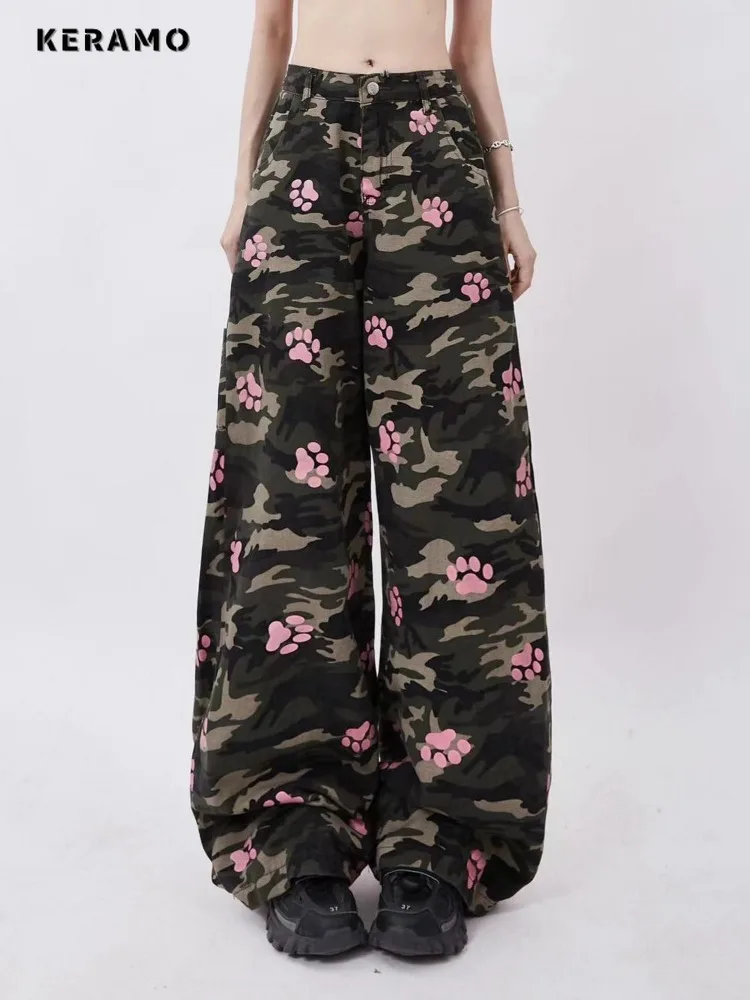 Calças jeans largas retrô de perna larga feminina, Harajuku lavado, cintura alta, jeans soltos, camuflagem, calça doce, casual, verão, 2024