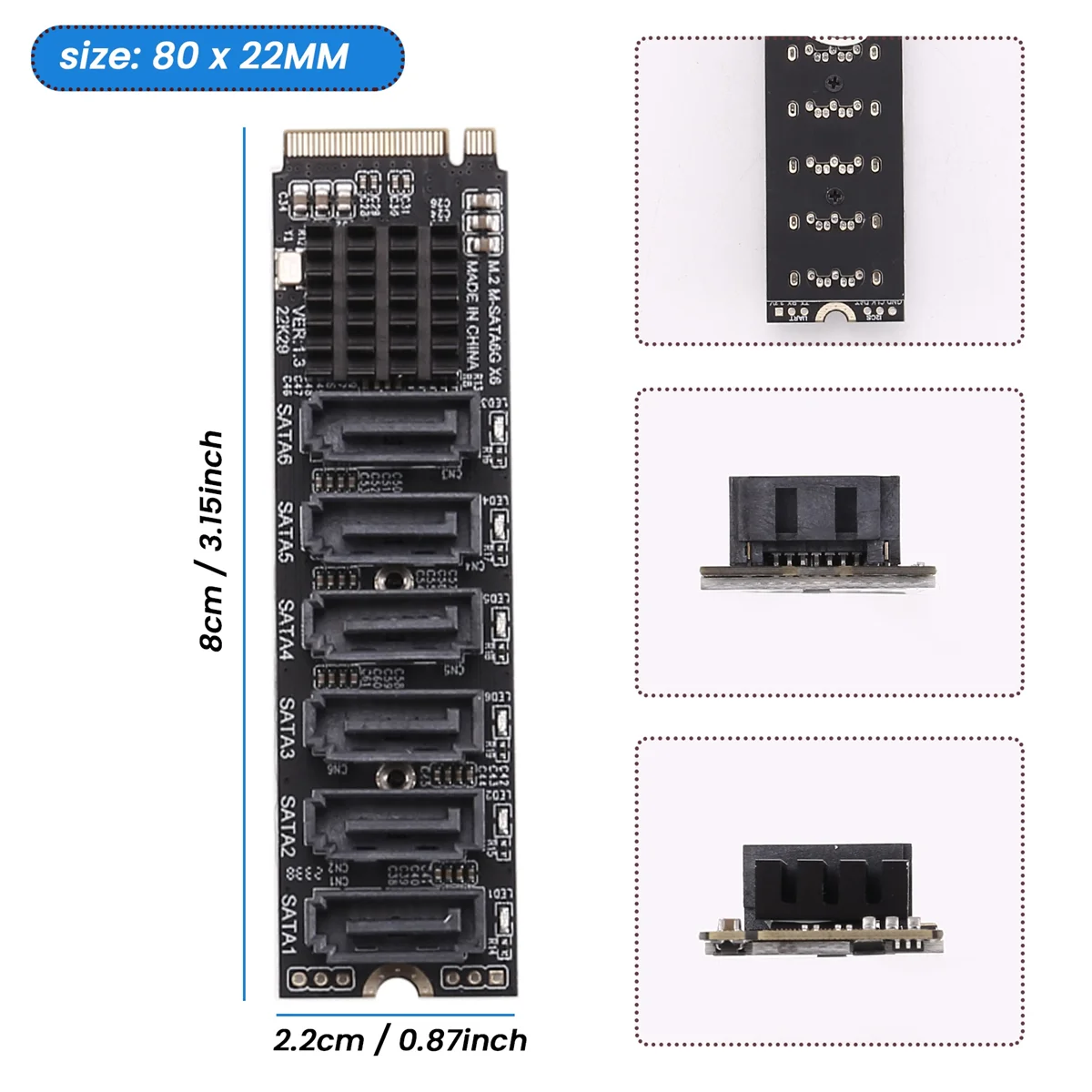 

M.2 MKEY PCI-E Riser Card M.2 NVME to SATA3.0 PCIE to SATA 6Gpbsx6-Port Expansion Card ASM1166 Support PM Function-ABRJ