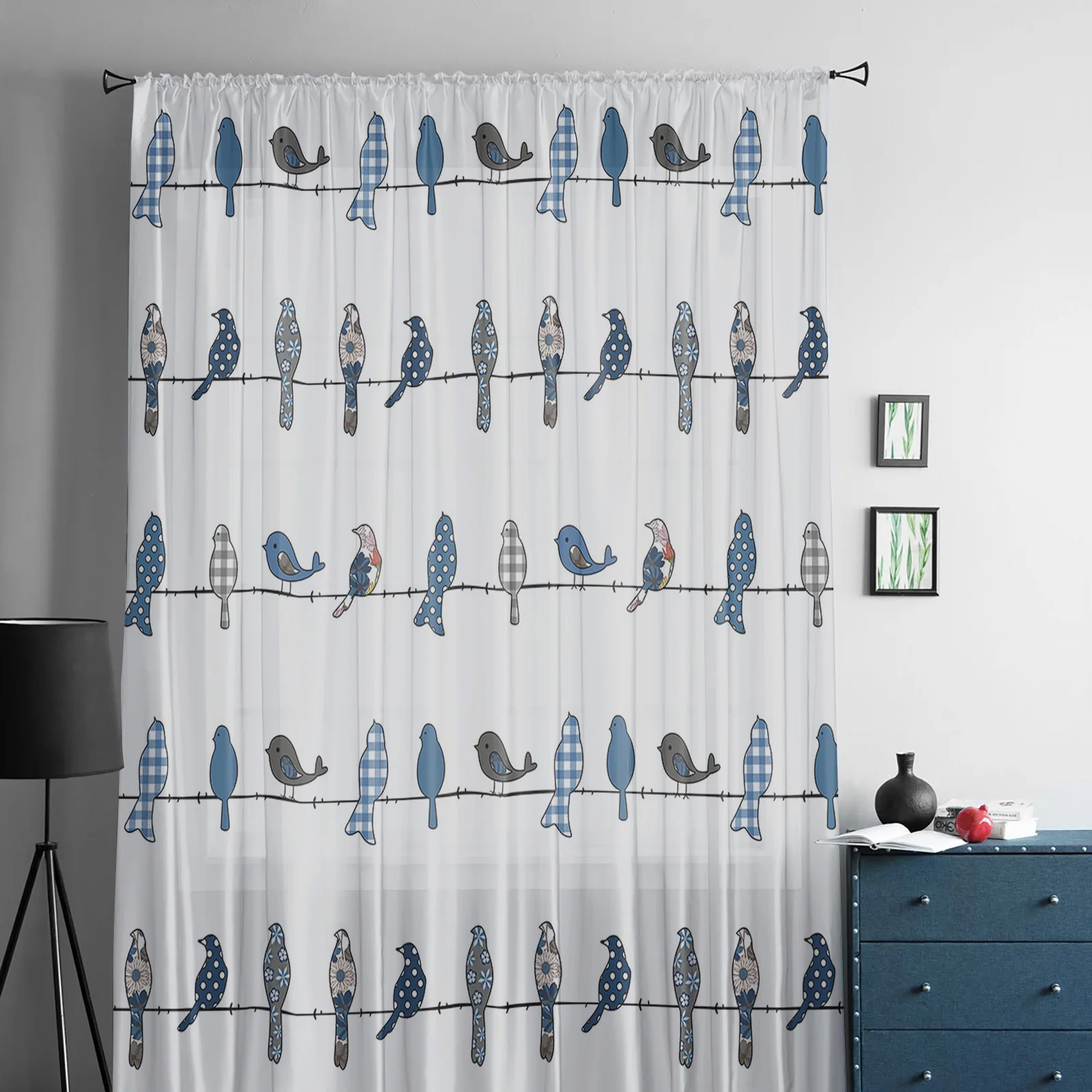 Bird Plaid Flower Blue Grey Window Tulle Curtains for Living Room Bedroom Hotel Luxury Decoration Sheer