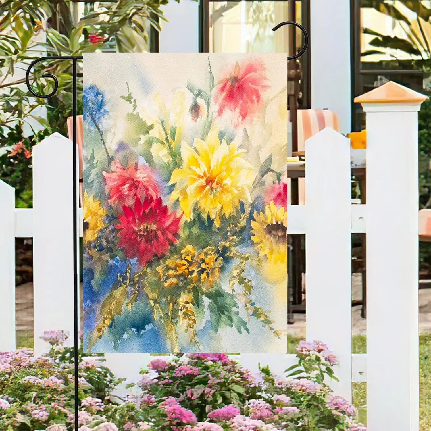 Seasonal Watercolor Summer Spring Floral Flowers Colorful Dahlias Garden Yard Flag 12 x 18 Inch, Double Sided Outdoor Decorative