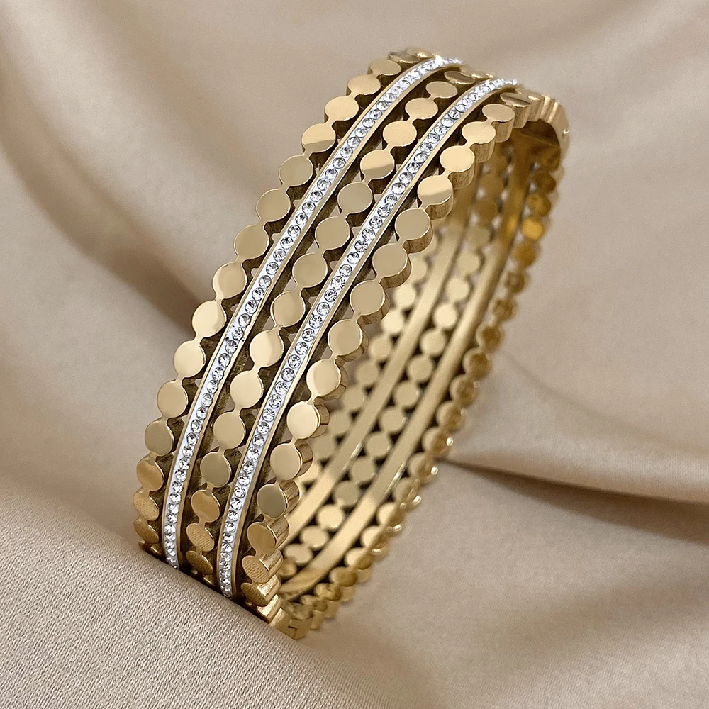Greatera Gold Plated Stainless Steel Rhinestone Charm Wide Bangles Bracelets for Women Layered Chunky Metal Waterproof Jewelry