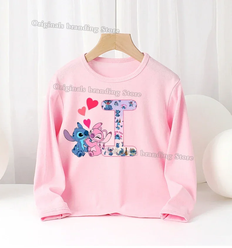 Lilo & Stitch Disney Lettera ABC Abbigliamento per bambini Ragazza Camicia lunga Abbigliamento Bambino Inverno Autunno Felpa sottile Abbigliamento