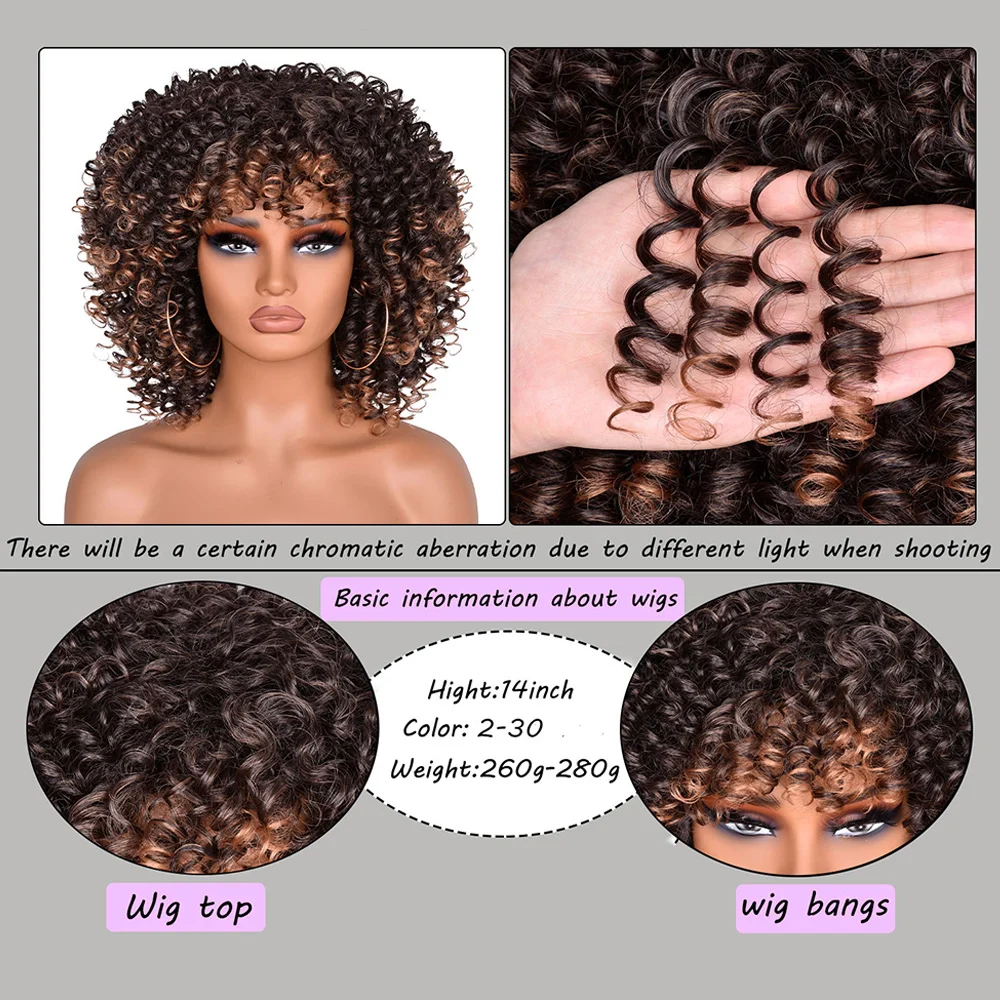 Afro Kinky Curly Wig for Black Women with Bangs Heat Resist Soft Synthetic Ombre Natural Cosplay Wig 14