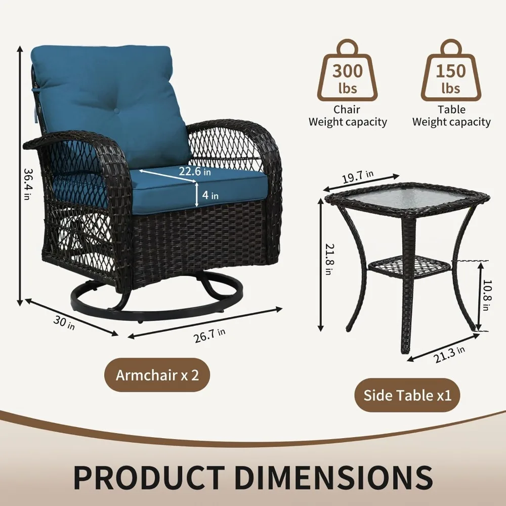 طقم أثاث للفناء مكون من 3 قطع، وكراسي فناء خارجية من الخيزران مع وسائد سميكة وطاولة قهوة زجاجية