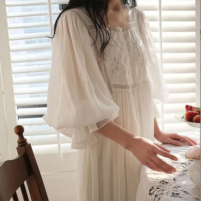 Women 100% Cotton Long White Nightdress Lace Square Collar Full Sleeves Ankle-Length Nightie Loose Victoria Vintage Nightgowns