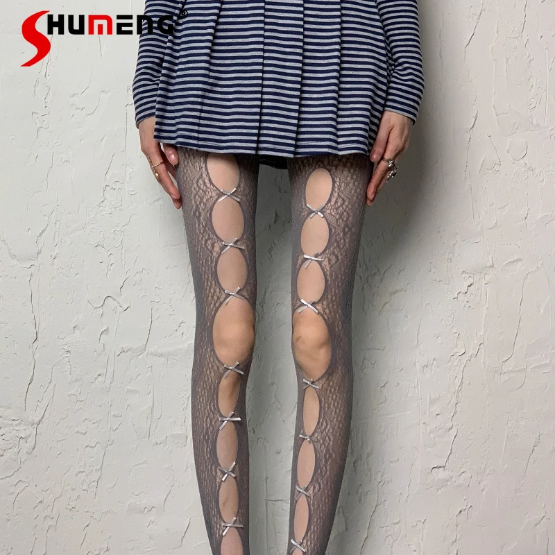 

Japanese Lolita Millennial Tights Hot Girl Gray High Waist Fishnet Hollow Design Y2K Subculture Personality Outfit Women's Socks
