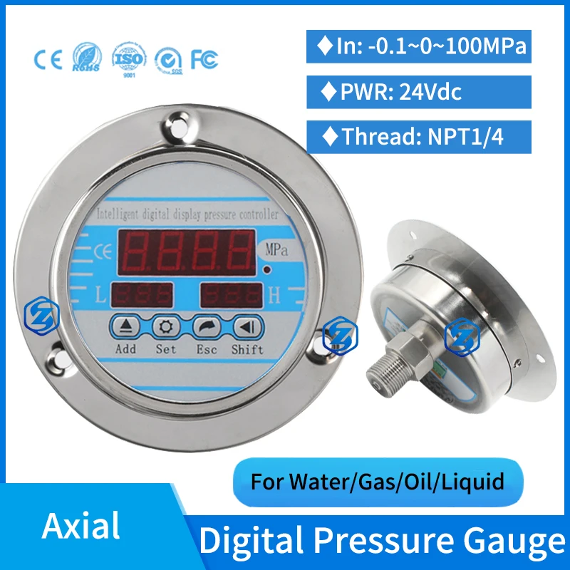 

0-600bar Axial 100mm Stainless Steel Vacuum Air Pressure Meter Digital Manometer Monitor DC24V NPT1/4 Hydraulic Pressure Gauge