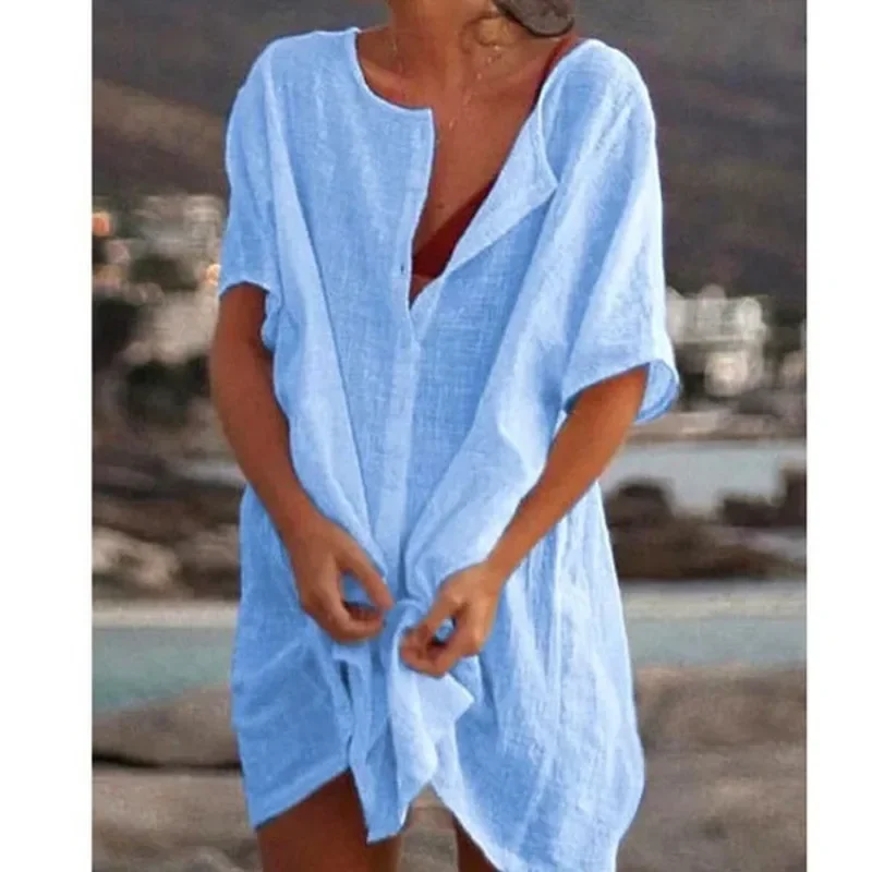 Women\'s Long Short-sleeved Shirt Solid Color Summer Seaside Holiday Beach Bikini Swimsuit Cover-up Casual Loose Button T-shirt