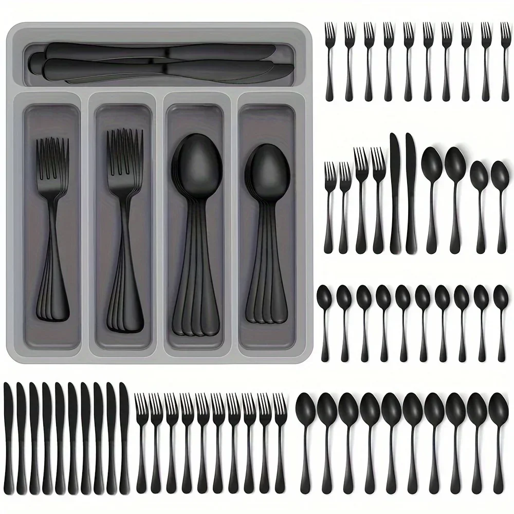 60 Pieces Cutlery Set with Drawer Storage Box Including Knives, Forks Spoons  Dishwasher Safe Suitable Dinnerware Set