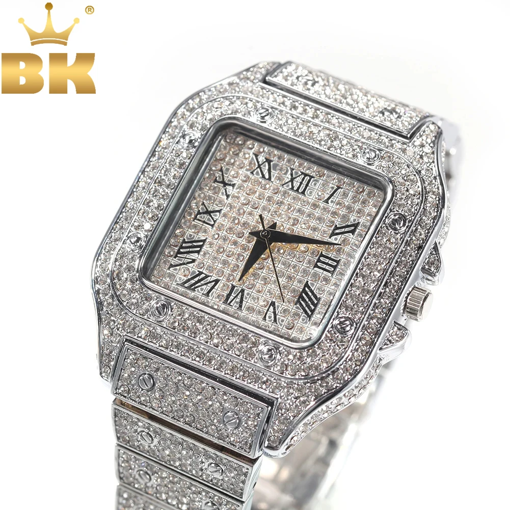 TBTK Iced Out Men Watch Square Diamond Quartz Luxury Mens Wrist Watches Gold Roman Clock Relogio Masculino