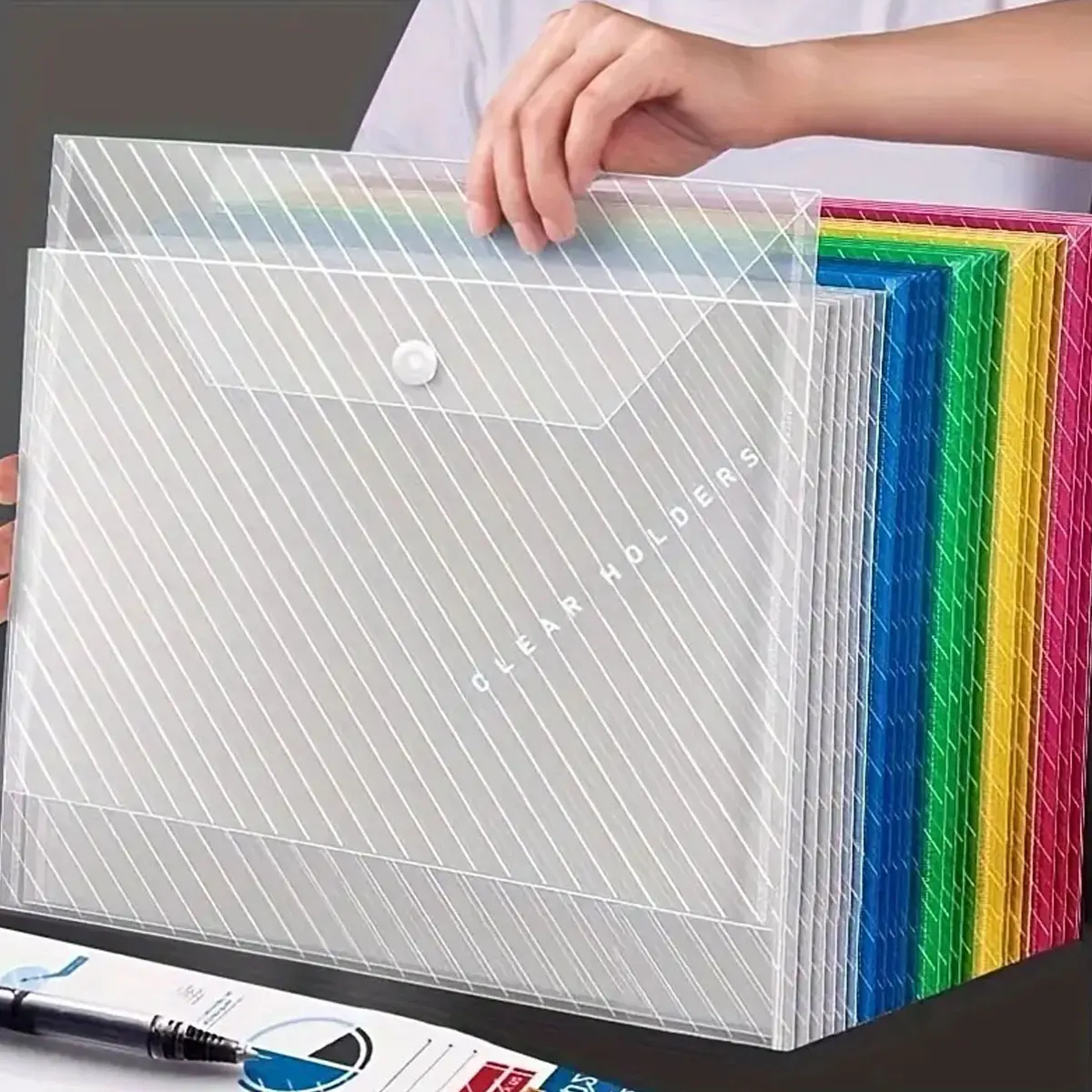 Striped Design, Elegant And Beautiful, Transparent Plastic Envelope, Waterproof With Button, A4 Size, File Folder