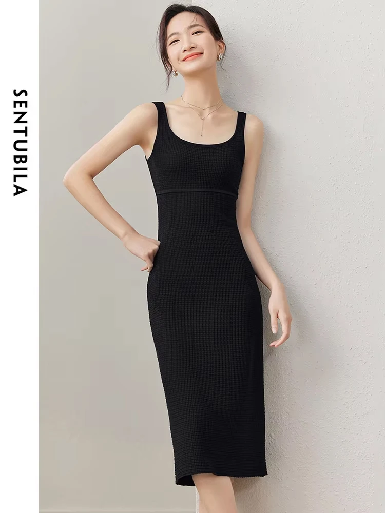 Sentubila Knit Black Vest Dress donna 2024 primavera autunno senza maniche Midi Square Collar Simple Fashion abiti femminili muslimah