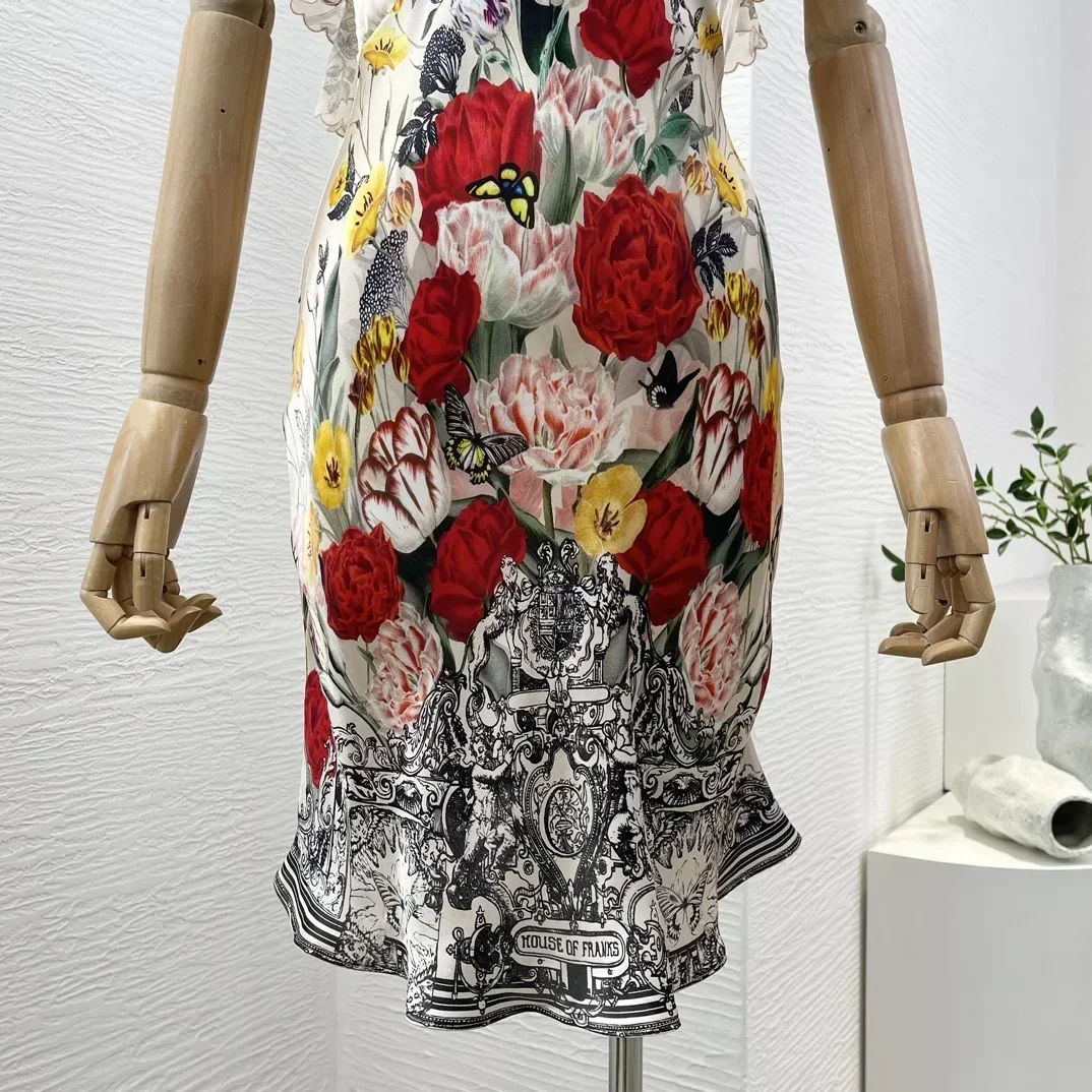 2024 New White Red Rose Flower Butterfly Print Sleeveless Deep V Neck Backless Women Mini Dress for Holiday Party