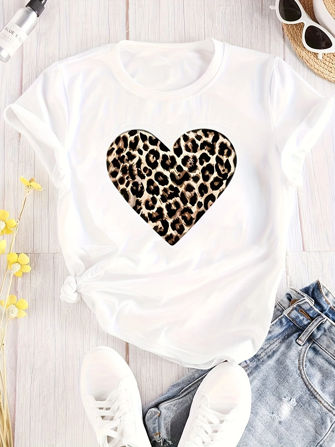Camiseta con estampado de cuore de leopardocamiseta estampada camiseta غير رسمية de manga Harajuku para mujer ropa de #3