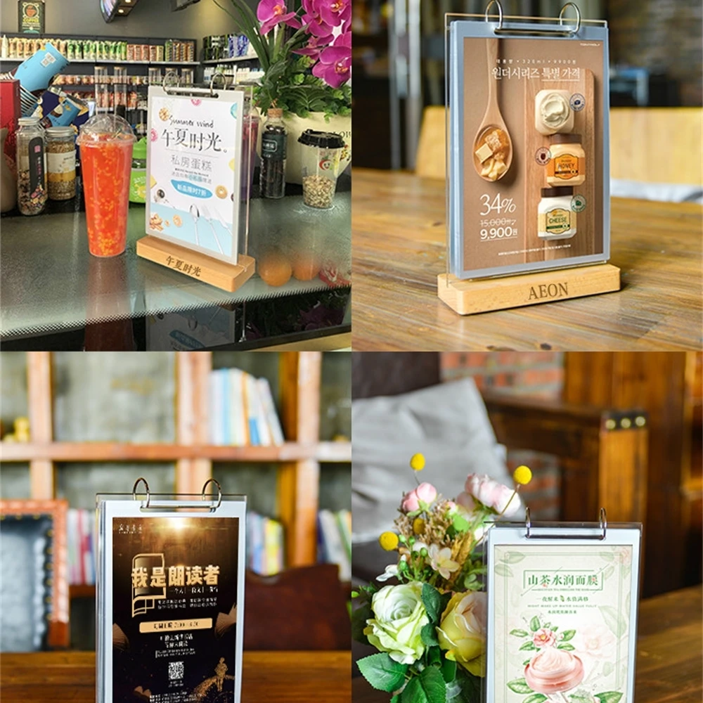 Acrylic Flip Table Card Holders Sign Poster Display Stand Wooden Menu Paper Frame