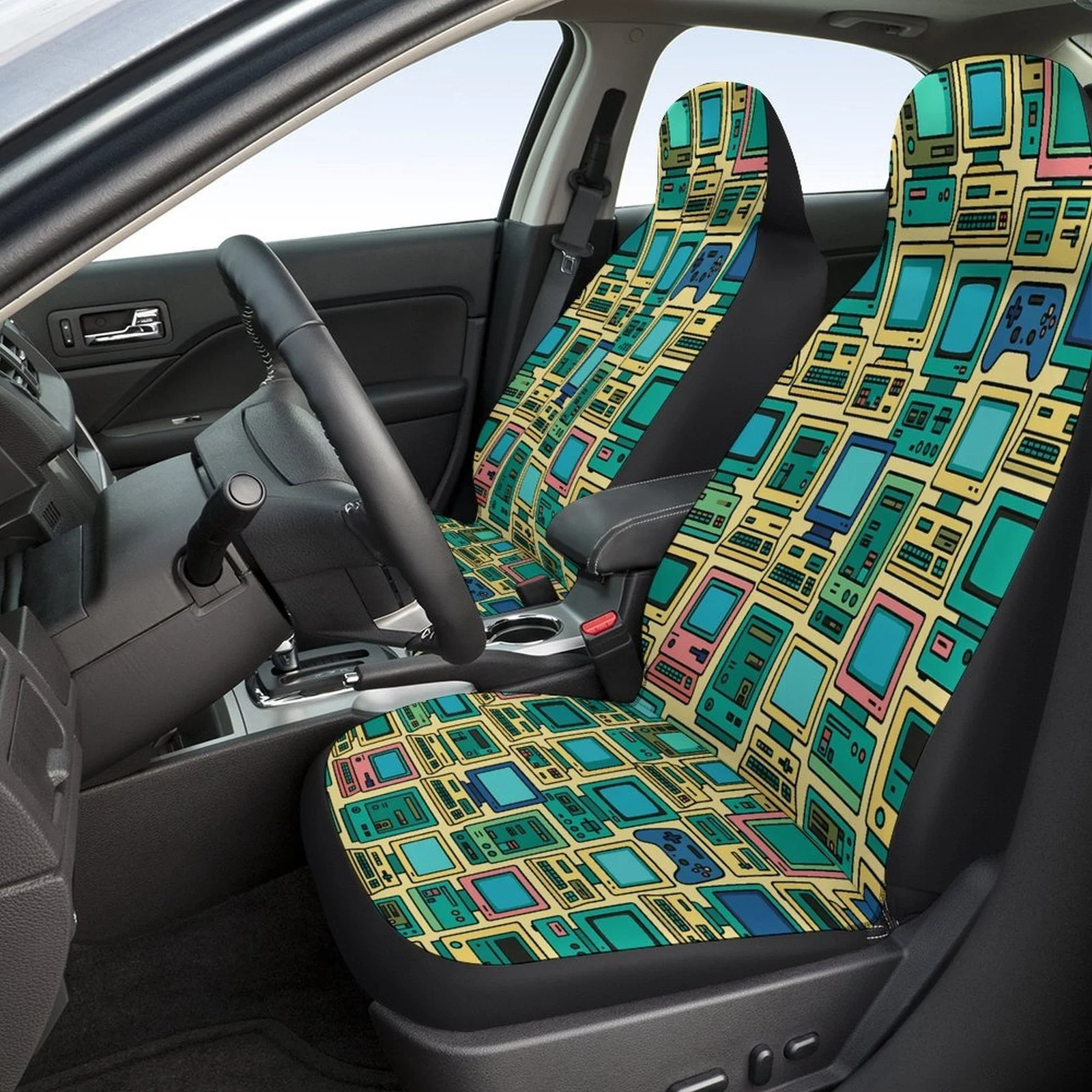 Retro Computer-Themed Car Seat Covers Set For Most Vehicles - Vintage Tech Design (Floppy Disk/CD/Retro Keyboard) Full Set For F