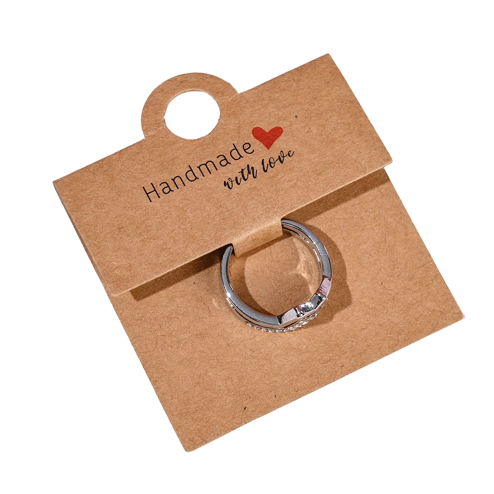 50 Stück Schmuckring-Displaykarten, Kraftpapier und weiße Ring-Displaykarten mit der Aufschrift "Handgemacht", geeignet für Schmuckpräsentationen – Detail 3