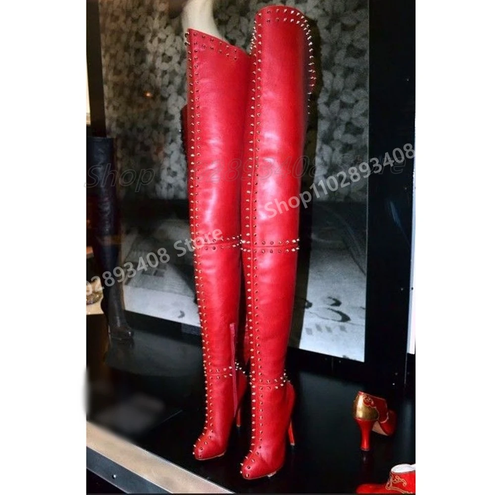 Sexy Metal Round Rivets Over the Knee Boots High Quality Stiletto High Heel Matte Leather 2024 Women Shoes Zapatos Para Mujere