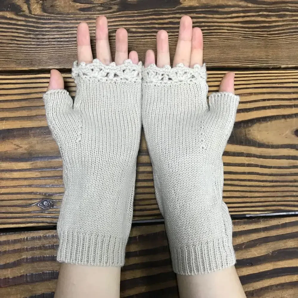 Mode Damen Herbst gestrickte handgemachte Stick handschuhe bestickte Vogel blumen mittellange halbe Finger warme Wolle Winter handschuhe