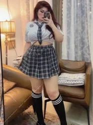 Women Sexy School Girl Uniform Plus Size Anime Lingerie Black Plaid Skirt Set Erotic Sex Role Play Outfit Kawaii Cosplay Costume