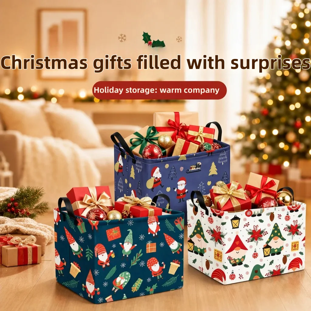 Christmas Gift Storage Basket, Foldable Canvas Organizer Bin with Waterproof Liner, Large Toy Laundry Basket for Holiday Decor