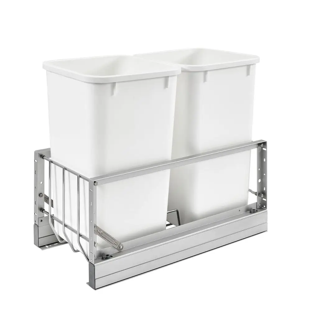 

Double Pullout Waste Container Storage or Kitchen Base Cabi, 27 Qt Trash Cans with Sot-Close Slides, Silver & White, 5349-1527DM