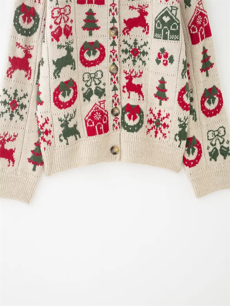 سترة نسائية 2025 شتاء جديد الجاكار طويلة الأكمام عيد الميلاد الزخرفية نمط سترة مشغولة من الصوف سترة موضة عادية #4