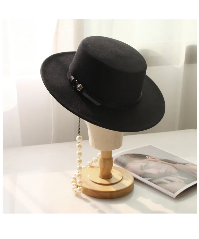 Ladies Wool Fedora Pearl Flat Top Wool Cap Unisex French Elegant Zip Design Hat Jazz Cap Wide Brim Wholesale