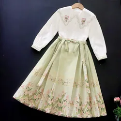 Girls Lolita Suit Floral Shirt & Pleated Skirt 2PCS School Uniform Teens Kids Outfits Set Baby Bohemia Costumes 6 8 10 12 Years