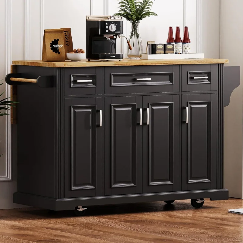 

Black 54 Rolling Kitchen Island with Drop Leaf – 4 Cabinet, 3 Drawers, Side Racks, Rubberwood Top & Locking Wheels Di