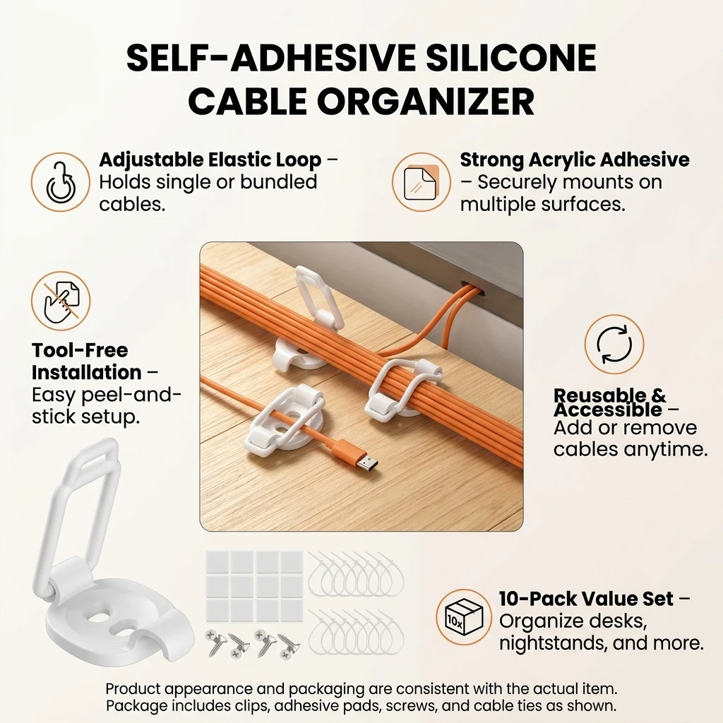 10 Pack Cable Organizers Flexible Silicone Wire Holders for Desk Office Home Car USB Type C Cord Management Accessories