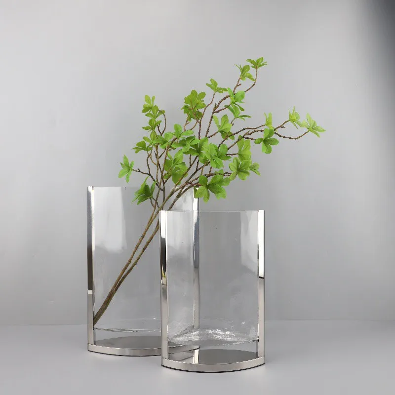 Creative geometric metal hemming transparent flat glass hydroponic flower arrangement vase living room soft home accessories