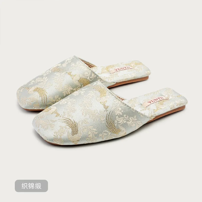Women Chinese Style Satin House Slippers, Embroidery Pattern Backless Mules, Flat Non-slip Rubber Sole Indoor Bedroom Home