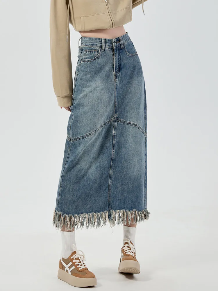 

2025 Autumn Winter High Waist Vintage Tassle Jeans Skirts Women Korean Fashion Casual Straight Denim Skirt Jupe Femme