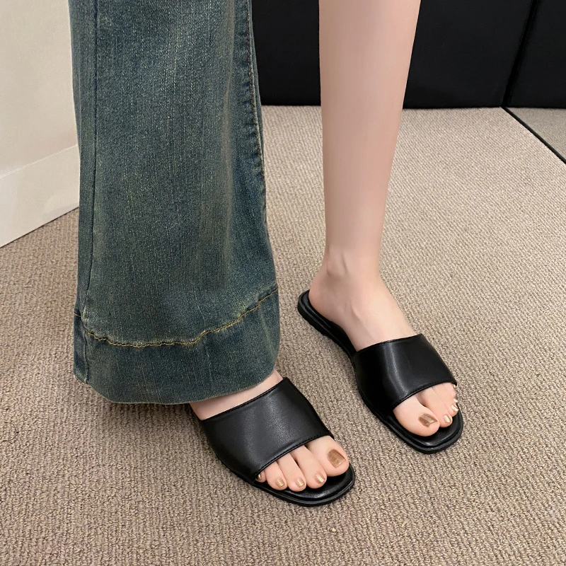 Fashion Minimalist Single Band Slide Sandals Solid Color Women Slippers  Summer New Outdoor Sandy Beach Open Toe Flat Shoes