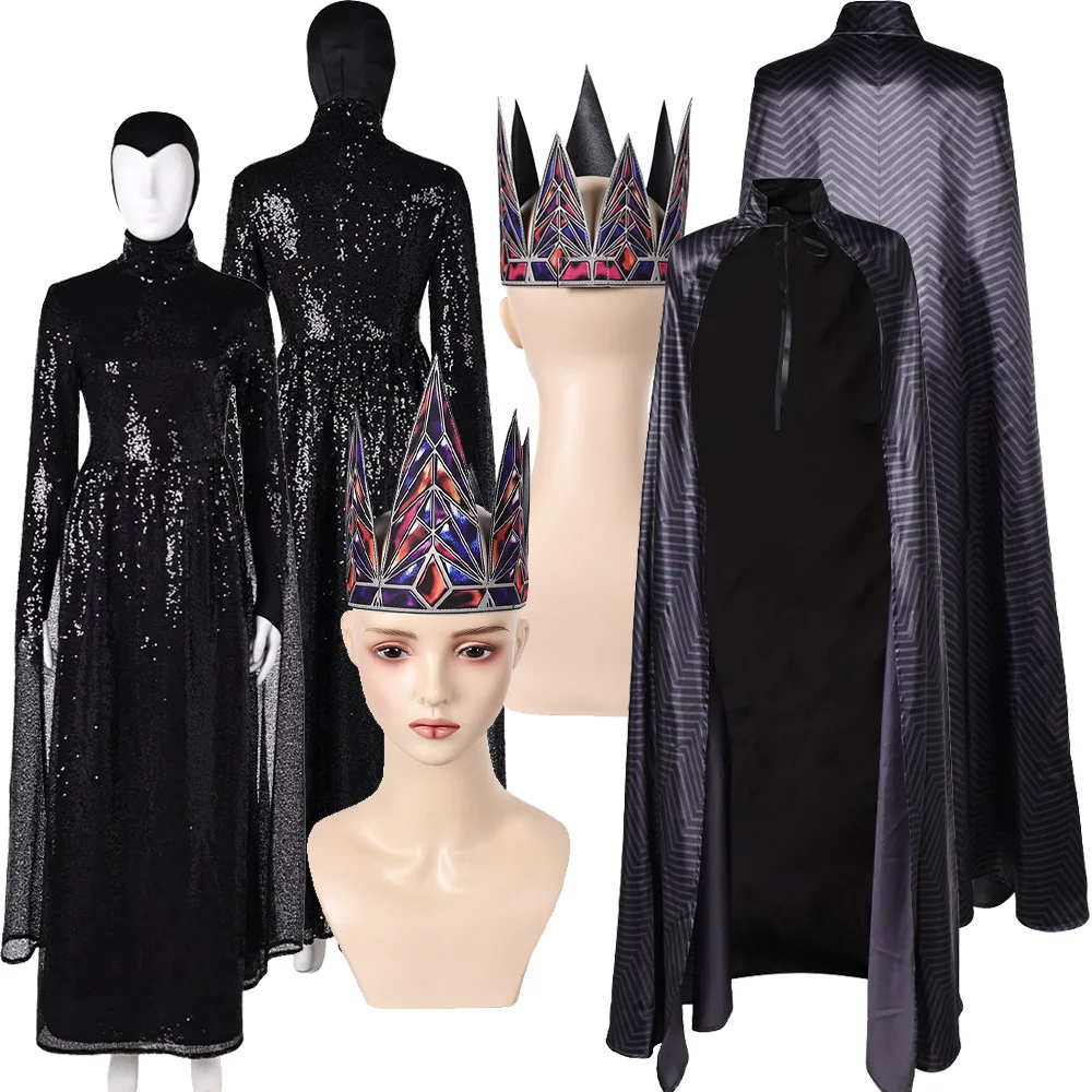 

Женский злой плащ королевы для косплея, платье с короной, маска из фильма, принцесса, снег, ролевая игра, черный костюм, головные уборы, костюм для вечеринки на Хэллоуин
