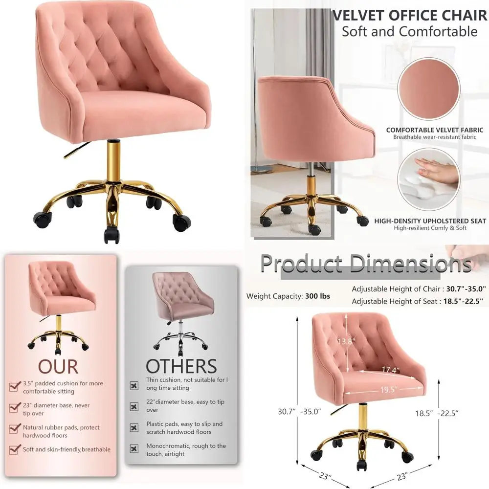 كرسي مكتب دوار - قماش مخملي، ذهبي فاخر، 360 درجة °   دوران، ارتفاع قابل للتعديل لمكتب الفتيات