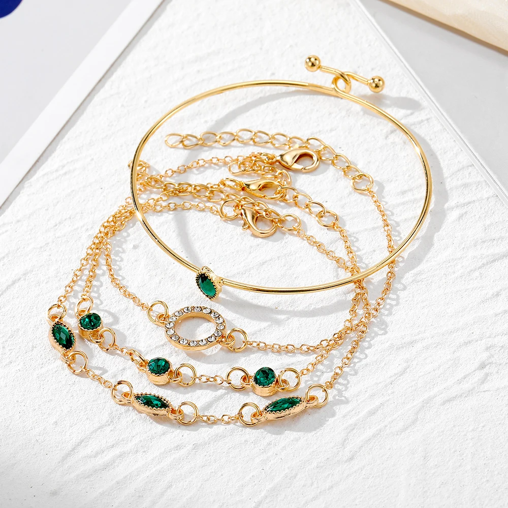 Emerald Green Gemstone Circle Bracelet Jewelry Set for Women Heart Bracelet Wedding Engagement Bracelet Fashion Jewelry