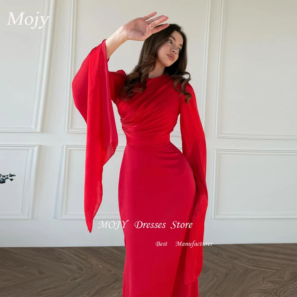

Mojy Elegant Red Mermaid Prom Dress Cap Sleeves Pleated Customized Women's Evening Party Dresses New Fashion فستان سهرة نسائي
