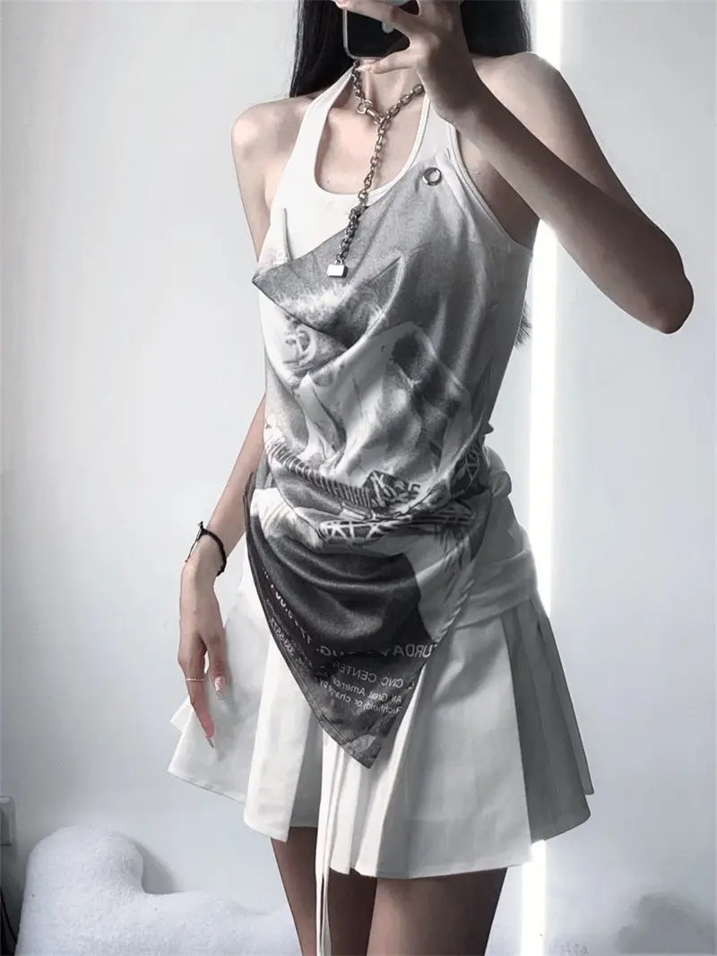 2026 Retro Hot Girl Sleeveless Fake Two piece Tank Top Women Irregular Hem Slim Outer Vest Summer Sexy Trendy Daily Fashion Tops