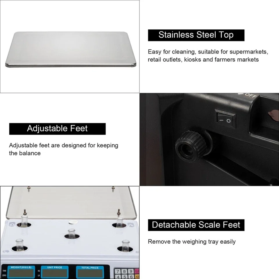 40kg Digitale Preisberechnungswaage aus Edelstahl für den gewerblichen Einsatz mit dreifachem LCD-Display, Tarafunktion, Preisspeicherung, für Gemüsehändler, Obst, Gemüse, Metzger, Marktstände und Einzelhandel – Detail 6