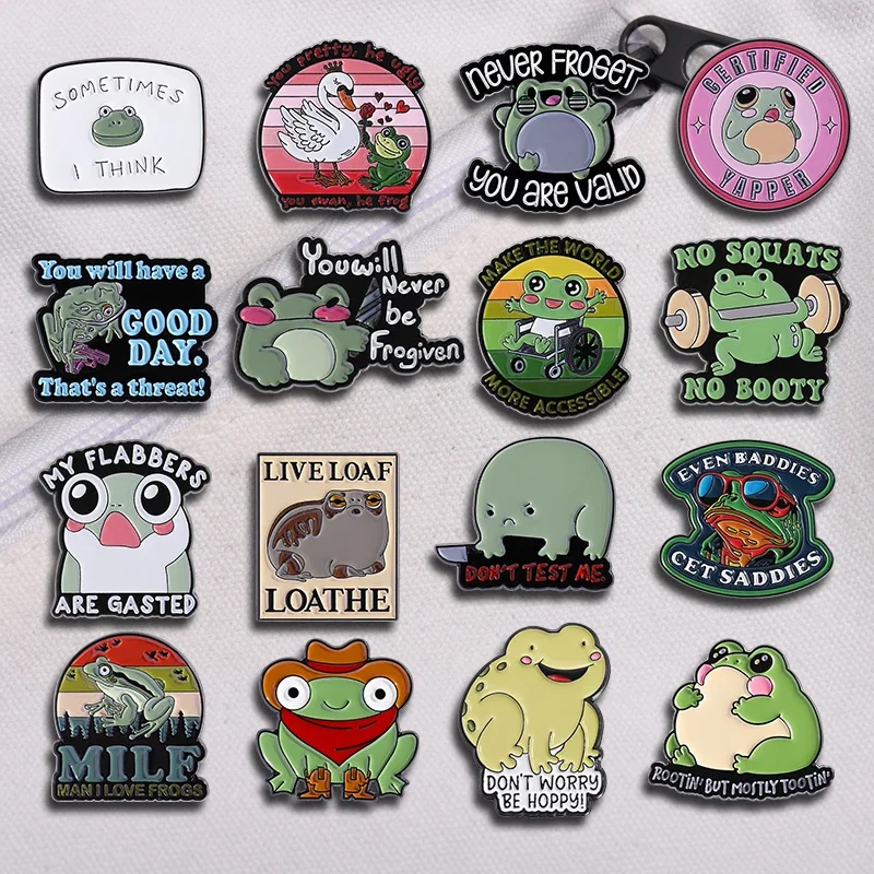 

Funny Cute Frog Quotes Enamel Pins Don't Test Me Frog With Knife Animal Brooches Lapel Badge Cartoon Jewelry Gifts For Friends