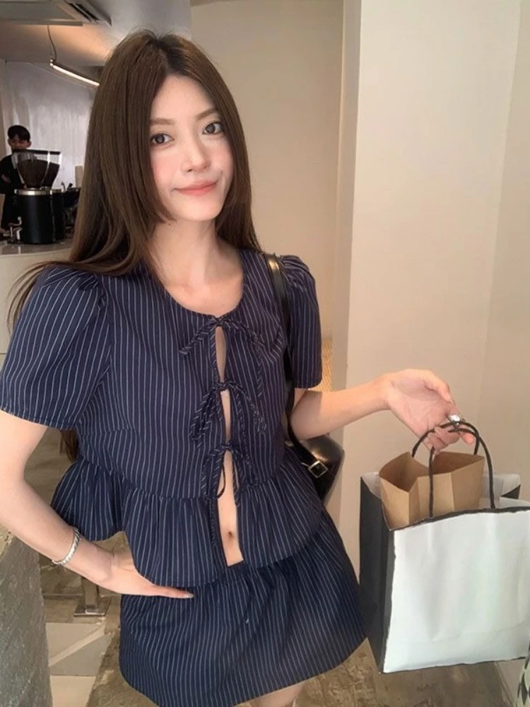 

2025 Summer Two Pieces Set Vintage Vertical Stripe Hollow Out Bandage Grunge Blouses + Women Y2k Aesthetic Pocket ​Mini Skirts