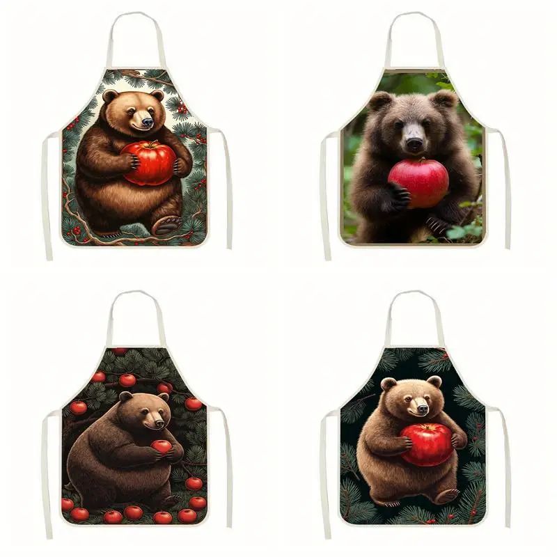 

Bears With Apples Linen Apron, Suitable For Kitchen Cooking, Parent-Child Interaction, Painting And Other Scenarios