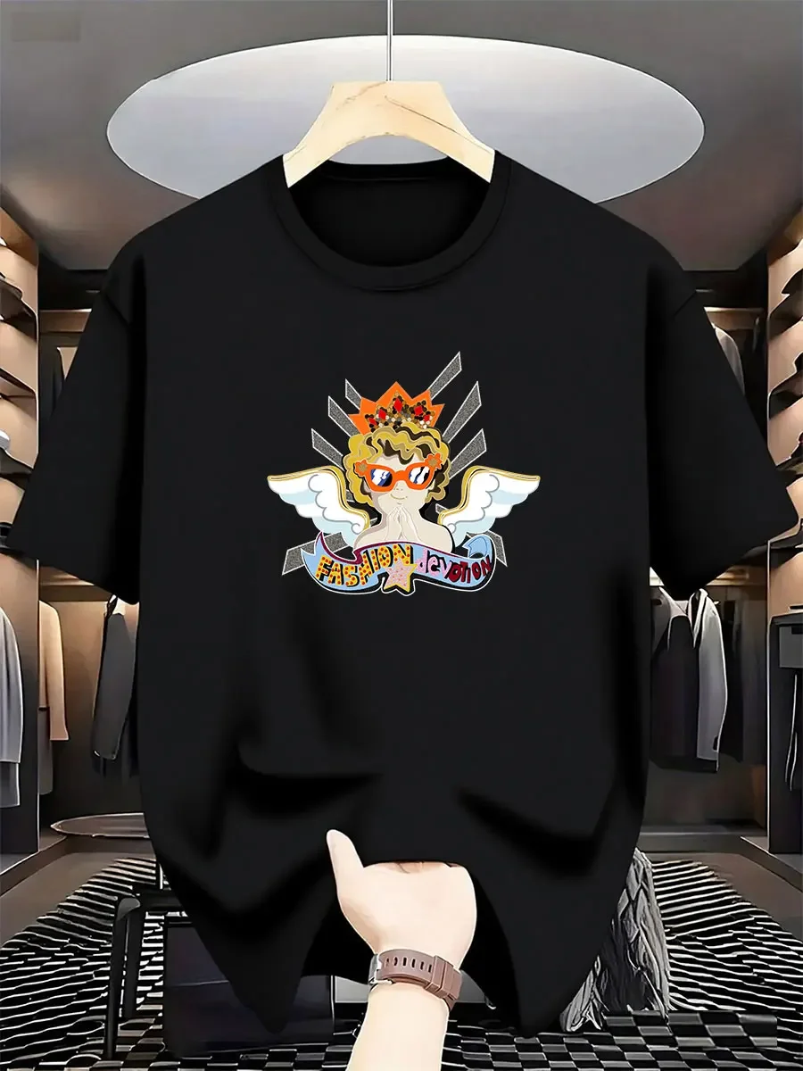 

2025 New Men's Summer Luxury Fashion Brand Angel Pattern Printed T-shirt, Pure Cotton Round-neck Casual Trend Y2K