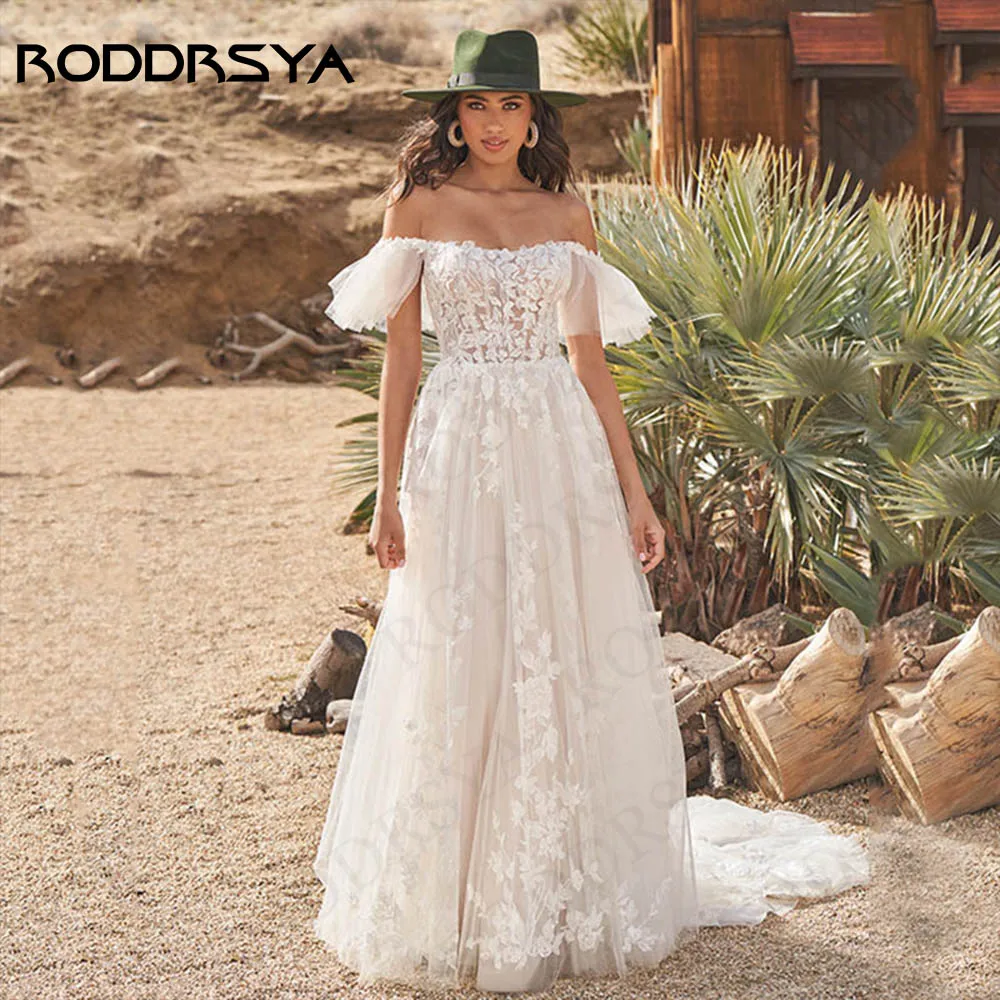 RODDRSYA-Vestido De Novia Vintage con hombros descubiertos, traje bohemio De tul, línea A, cuello De barco, apliques De playa, vestidos De Novia De