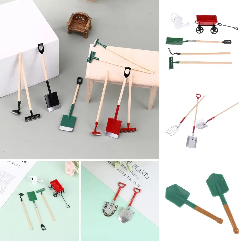 1/12 Dollhouse DIY Miniature Watering Can Pulling Cart Spade Shovel Rake Hoes Garden Farming Tools For Children Pretend Play Toy