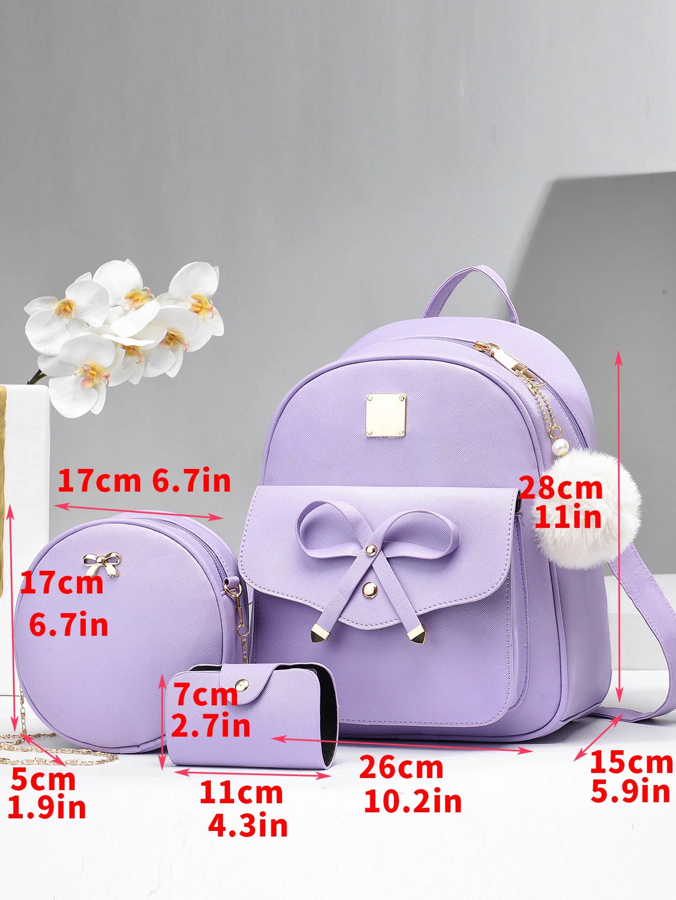 3 sztuki / zestaw Kawaii Cute Striped Faux Leather Backpack - Zapięcie na suwak, Preppy College School Daypack, Womens Casual Travel Commute