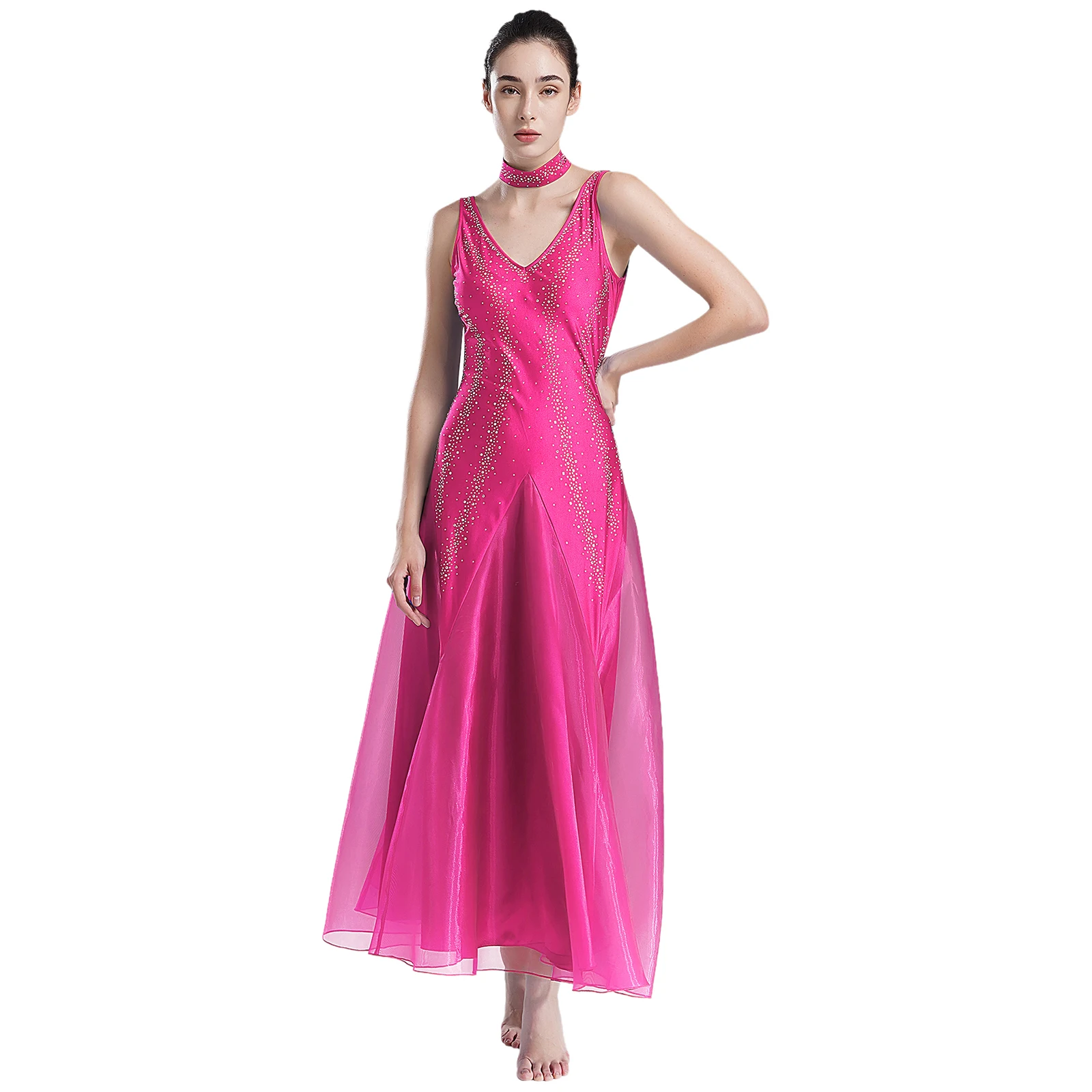 

Womens Ballroom Dance Long Dress Lyrical Contemporary Modern Dance Dresses Backless Wide Hemline Flared Maxi Dress and Neck Ring