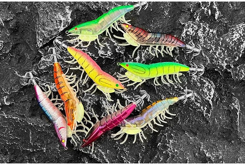 ShareShark 8-teiliges Set Leuchtende Weiche Garnelen-Jigs, Harte Angelköder, Garnelen-Tintenfisch-Haken, Holz-Garnelenköder, Angelköder-Set – Detail 10